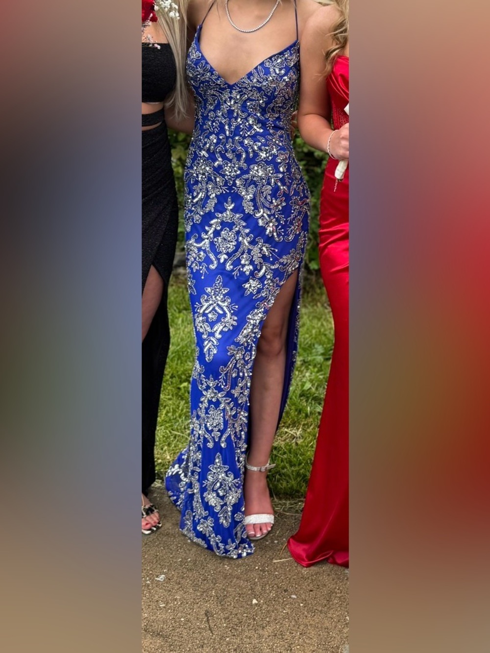 Embellished Cobalt Blue High-Low Evening Dress with High Slit